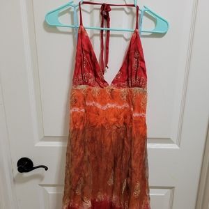 Marciano 100% Silk Dress.Size L. Colo: Orange shades & red.